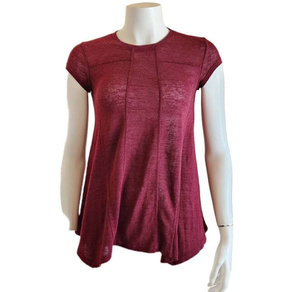 Women's small hybrid Burgundy wine semi-sheer short sleeve flowy boho blouse